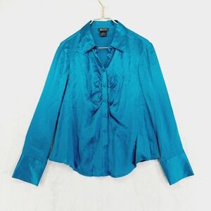 Mist Women's Turquoise Silk Button-Down Business Casual Long Sleeve Blouse P6612